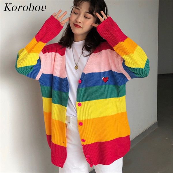 

autumn new ulzzang wild female knitted sweater women v-neck harakuju cardigans rainbow striped patchwork open stitch 75827, White