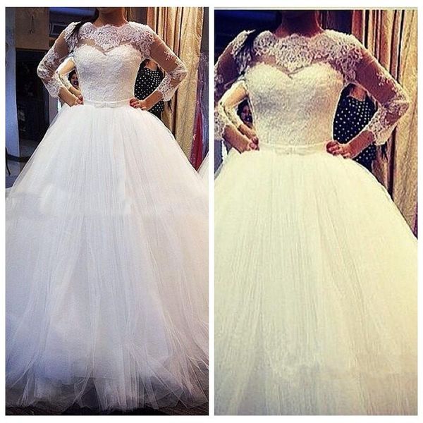 

3/4 long sleeves ball gown wedding dresses scalloped jewel neck 2020 lace applique tulle custom made wedding gown vestido de novia, White