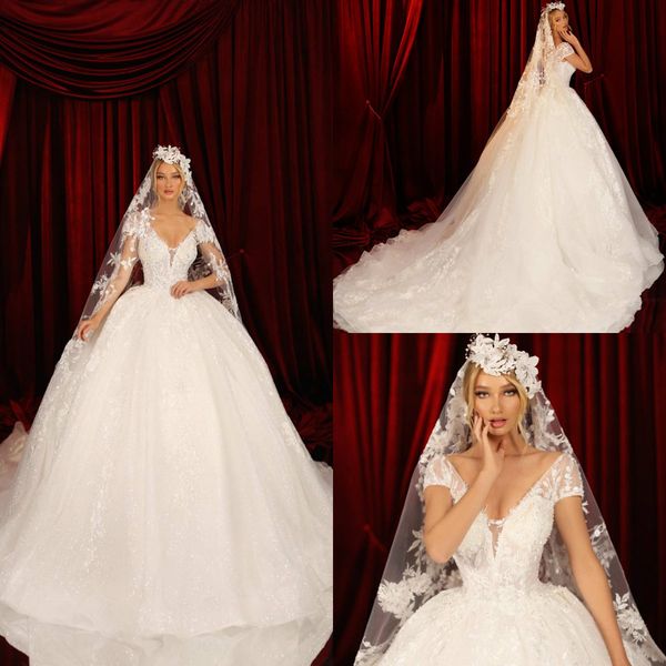 

luxury ball gown wedding dresses v neck capped sleeves lace appliques bridal gowns 2021 arabic church wedding dress vestido de novia, White