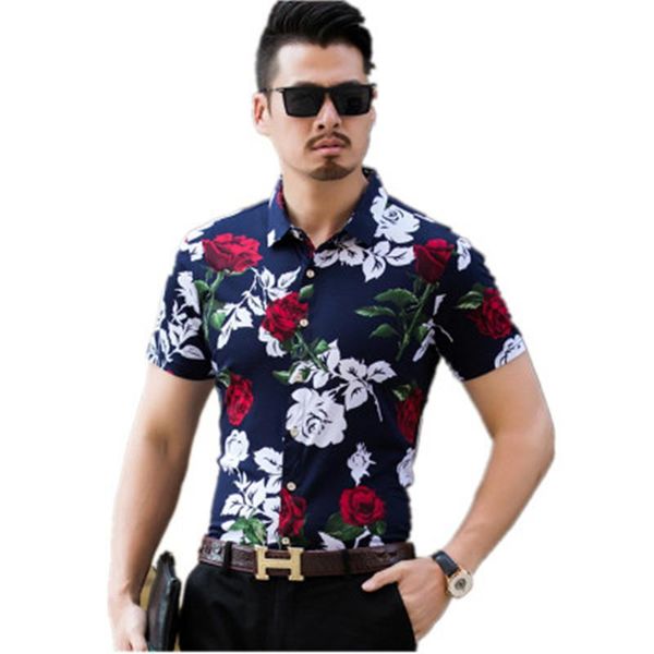 

mens shirts brands clothing floral slim fit men short sleeve turn-down collor casual shirt male designer -3xl, White;black