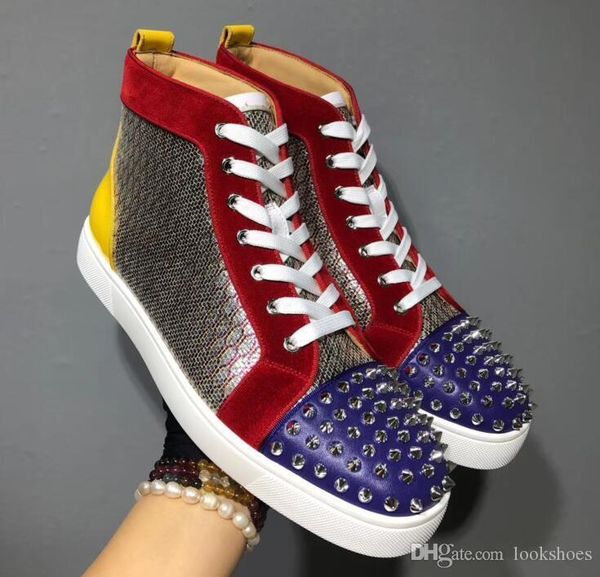 

2019 designer fashion luxury red bottom studded spikes flats shoes for men women glitter party lovers genuine leather casual sneakers, Black