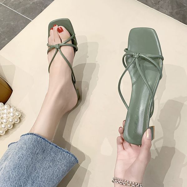 

slippers casual med rubber flip flops female shoes cross-tied slides square heel women heels hawaiian 2020 summer block, Black