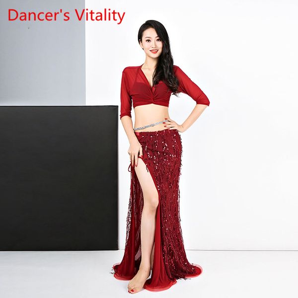 

new belly dance exercise garment brief show suit mesh half sleeves sequins skirt 2pcs for women m,l, Black;red