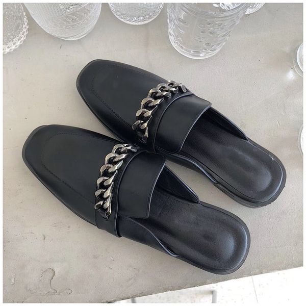 

suojialun slip luxury on design outside mules slippers chain british sandal shoes flat round toe slides big size 41, Black