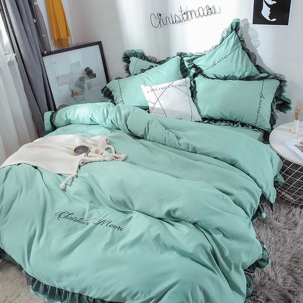

100% cotton lace trim bedding set gray brown duvet/quilt cover bed fitted sheet set ropa de cama parrure de lit bedding