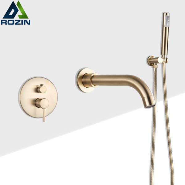 

brushed golden bathtub faucet wall mounted bathroom tub mixer tap rotate spout plastic hand shower head