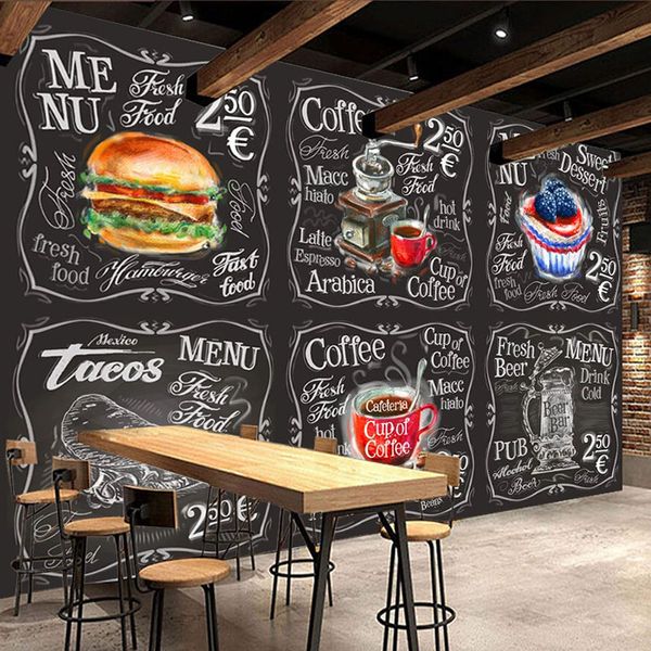 Carta da parati murale personalizzata di qualsiasi dimensione Carta da parati dipinta a mano 3D Lavagna Hamburger Cafe Panetteria Sfondo Carta da parati Murale Sfondi Graffiti