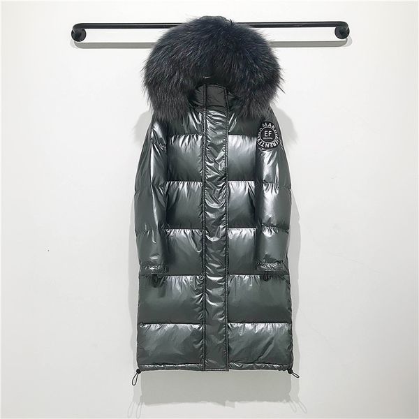 

big real raccoon fur collar 2020 hooded winter jacket women long white duck down parkas coat female loose thick warm outwear, Black