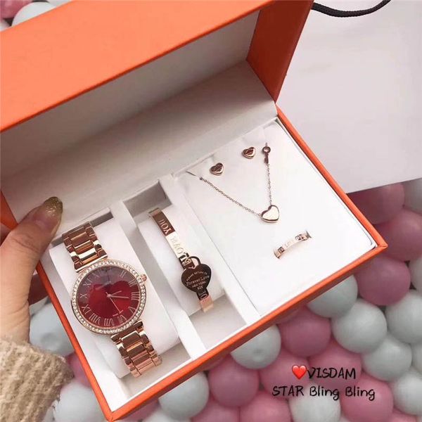 

2019 luxury ladie watch 5 piece et ti fa bracelet ring earring necklace banquet brand women ca ual watche gift
