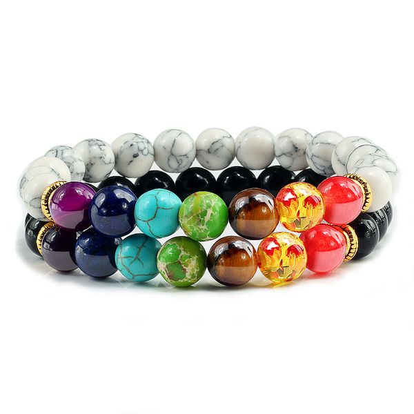 

2pcs/set natural stone black lava tiger eye 7 chakra beads bracelet charm couple distance strand bracelets&bangles reiki jewelry