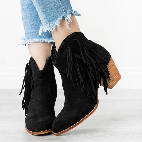 

modish zipper ankle women shoes pu leopard print boots women tassels chaussures femme casual botas mujer chunky heels lady boots, Black