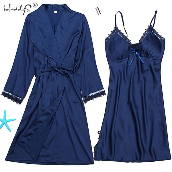 

women robe & gown sets lace bathrobe + bow night dress two pieces sleepwear womens sleep set faux silk robe femme linge, Black;red