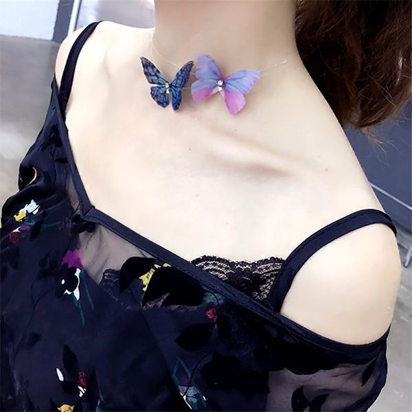 

new fashion various butterfly necklace invisible transparent fishing line simple pendant choker necklace jewelry for girls party, Golden;silver
