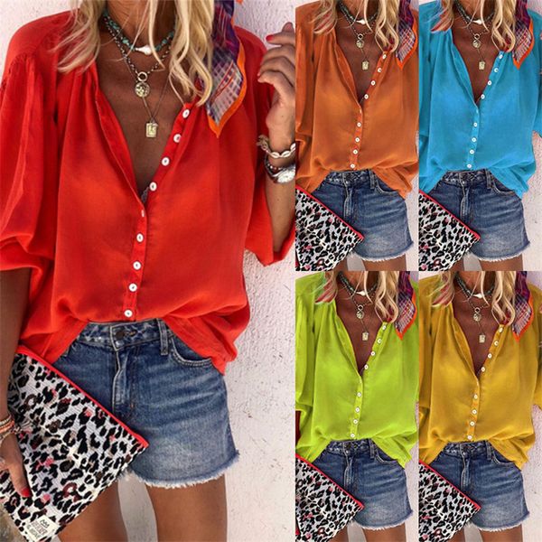 

summer womens solid color shirts loose v neck office lady clothing designer fashion female casual blouses, White