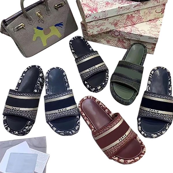 

luxury designer dway slides stripes sandals embroidered summer 5cm platform slipper outdoor beach woman flip flops rainbow letters slippers, Black