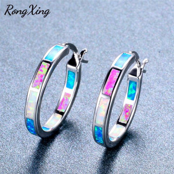 

rongxing new luxury rainbow fire opal hoop earrings for women silver color blue/white/green birthstone earrings ear0541, Golden;silver
