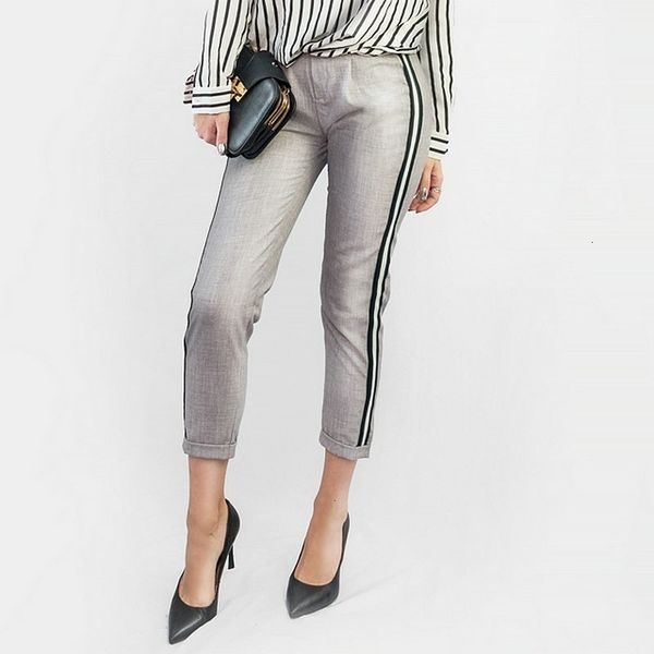 

women trousers elegant women side stripe black pants elastic waist ladies autumn casual green gray korean fashion mujer hy81, Black;white