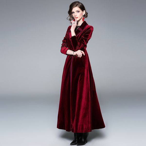 

new 2019 winter runway designer women vintage notched collar wrap black velvet maxi coat thick warm long trench coat outwear, Tan;black