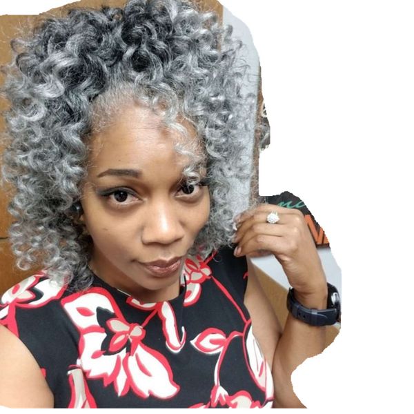 

custom natural curly ombre grey updo bun puff pony tail hairpiece drawstring clip in with two combs easy ponytail hair extension 120g, Black