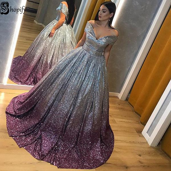 

long sparkly evening dresses 2019 cap sleeve ball gown v-neck silver sequin arabic women party formal gown, White;black