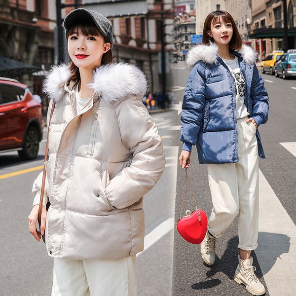 

winter jacket women fur collar 2019 winter jacket women loose short down coat white down thick warm parka, Black