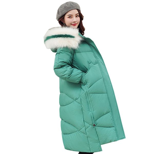

thick jacket big fur collar women's 2019 new korean version big fur collar medium-long knee size thickened jacket 1961, Tan;black
