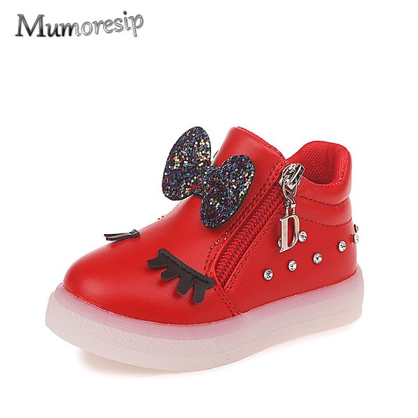 

mumoresip kids shoes for baby girl with sequined bow-knot children glowing sneakers luminous led girls shoes eyelash school shoe, Black;red
