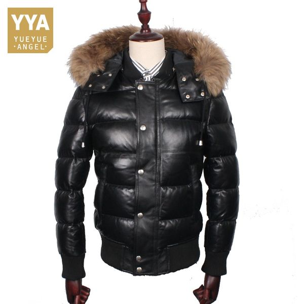 

luxury winter 2019 mens white duck down jacket padded sheepskin genuine leather bomber jacket raccoon fur collar hoody warm coat, Black