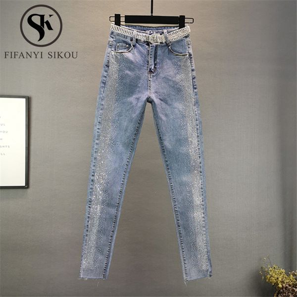 

jeans for women slim denim pencil pants fashion diamonds high waist jeans female high elastic plus size stretch 2020 new, Blue