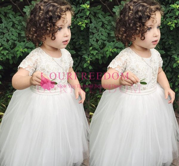 2020 Cute White Lace Crew Neck Flower Girls Dresses A Line Floor