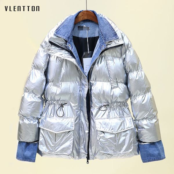 

2020 winter толстые теплый denim лоскутная вниз parka женщины глянцевая хлопок пальто куртки женщины верхняя одежда верхняя одежда casual сы, Black