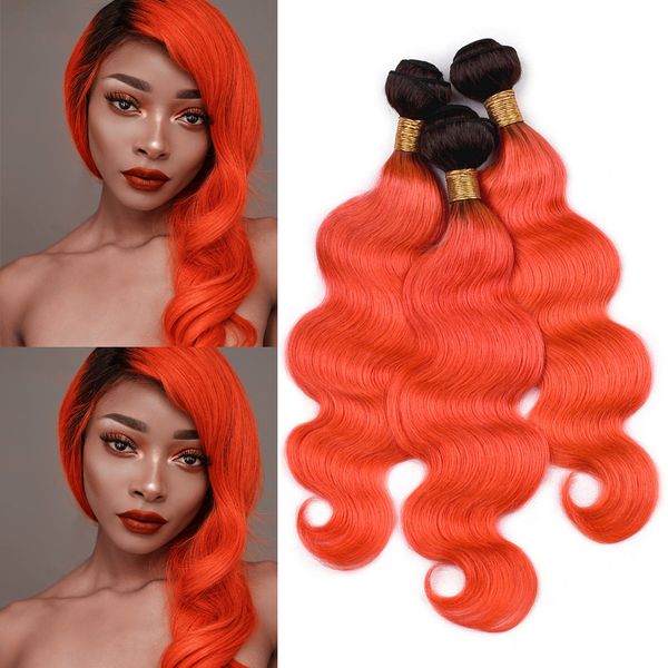 Ombre Orange Body Wave Brazilian Human Hair Weaves 1b Orange