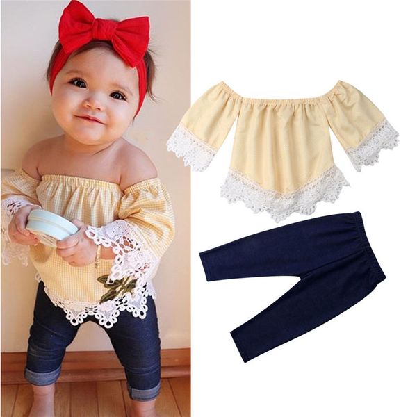 

baby clothes set 2020 toddler kids girls off shoulder lace pullover long sleeve t-shirts solid pants 2pc cotton lovely casual outfits, White