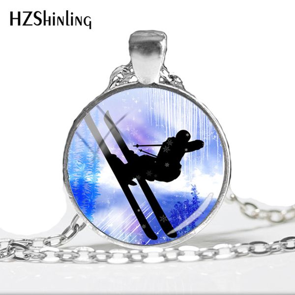 

2019 new skiing jumping pendant necklace woman skier murano necklace hand craft jewelry round glass cabochon pendants hz1, Silver