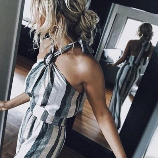 

summer women halter jumpsuit striped high waist sleeveless long pants romper lace up bandage backless casual jumpsuit q, Black;white