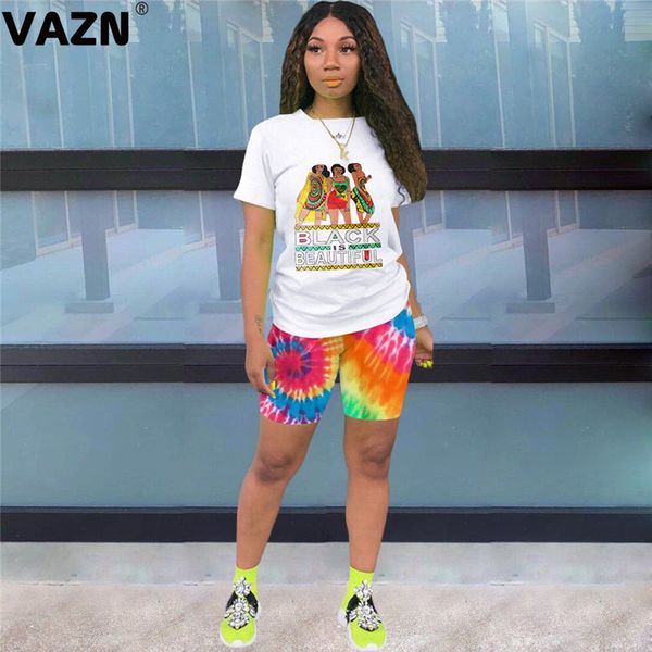 

vazn young special 2020 summer lady 3 colors 2-piece short set short sleeve o-neck lettert print tees shorts set casual, White