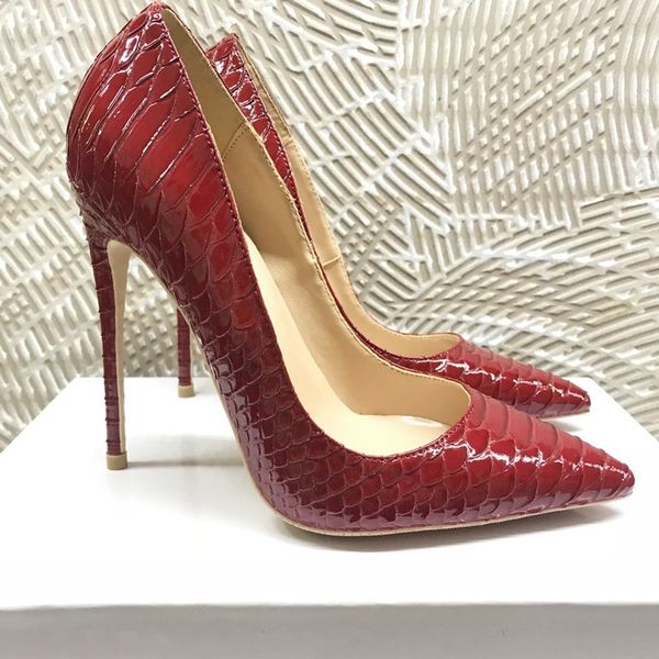 

2020 wedding lady women burgundy snake patent leather poined toes high heeled heels stiletto shoes designer pumps 12cm, Black