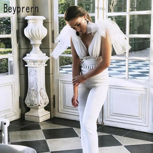 

beyprern elegant white mesh bandage jumpsuit chic womens ruffled leather patchwork jumpsuit overalls party catsuit streetwears, Black;white
