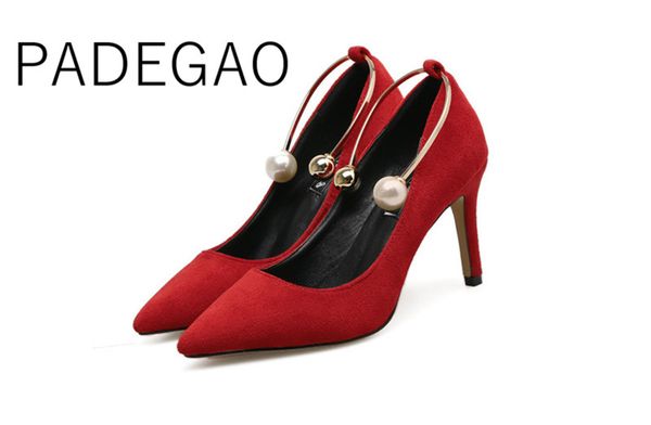 

pearl kid suede pointed toe party women shoes elegant supper high 9cm thin heel lady shoes, Black