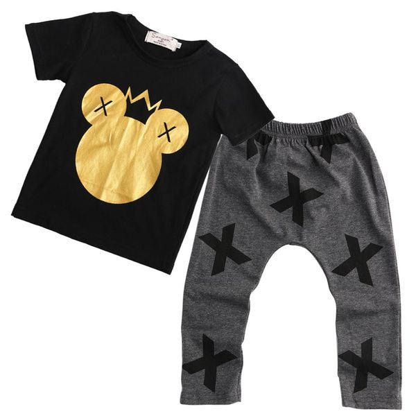 

new cartoon black cute kids baby boys outfits set cotton t-shirt+pants clothing set 2pcs, White