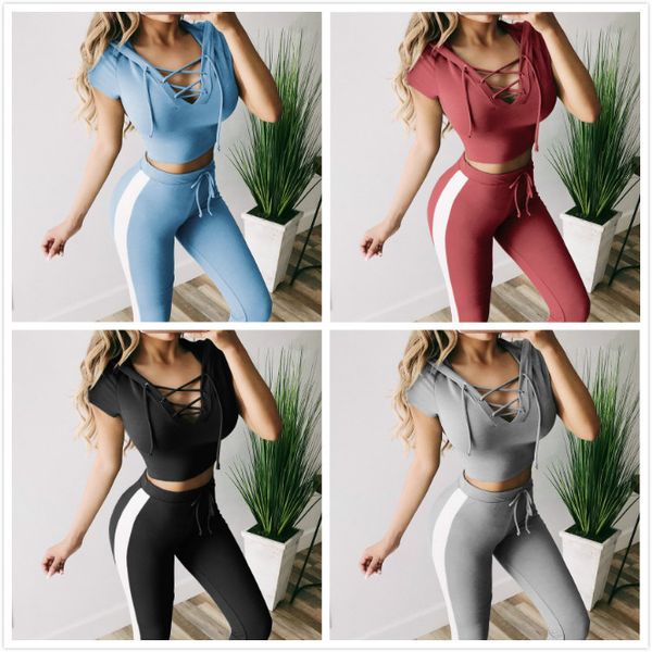 

summer women tracksuit sportswear hooded crop sweatshirts+pants female running jogger leisure fitness workout outfit gym set, Black;blue