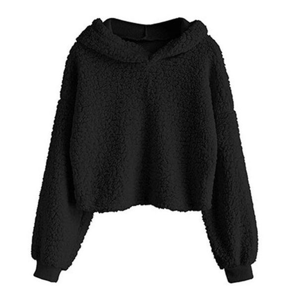 

womens autumn long sleeve fuzzy plush crop solid color hooded sweatshirt y1ac, Black
