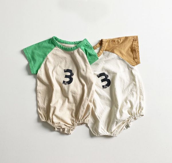 

3471 лето 2020 мальчики и девочки лоскутное рукава письмо печати боди детские с коротким рукавом ползунки, Blue