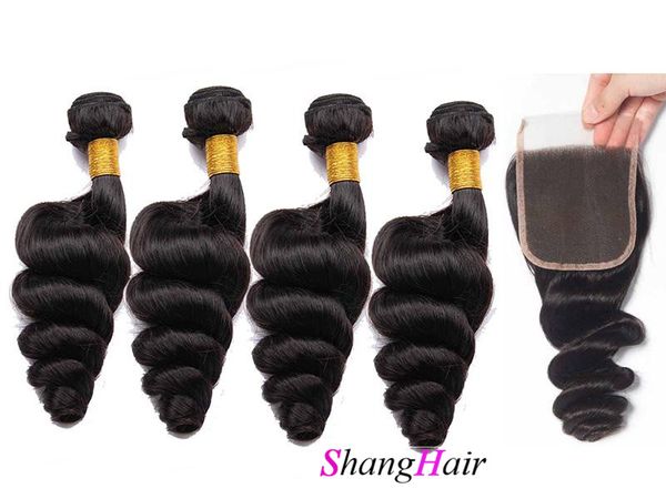 

9 бразильский рыхлый глубокий ткет волоса 4 связки с кружевом закрытия волос пучков с закрытием бразильских свободной волной 4 связкой с кру, Black