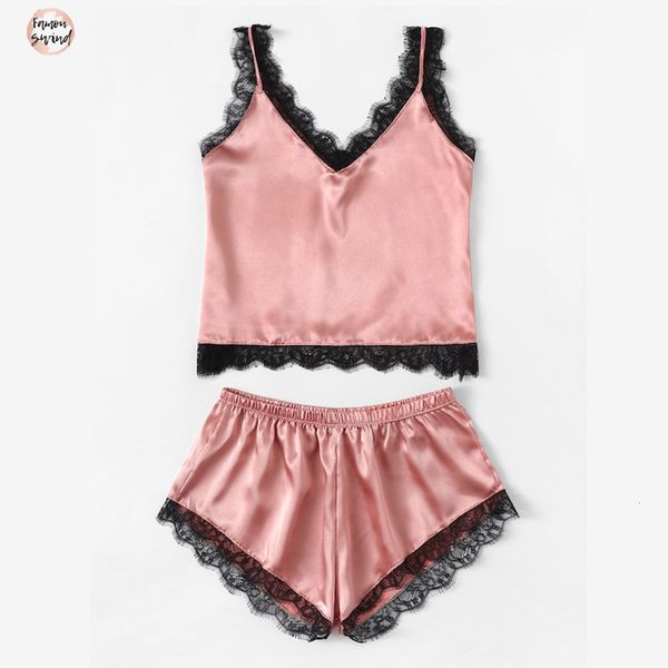 

sleepwear summer v neck pajamas set lace cami and shorts satin sleeveless nightwear for women woman sleepwear, Black;red