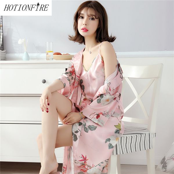 

women two sets bathrobes summer silk l spa sleepwear sets pijamas dress nightgowns autumn spring lingerie grown robes, Black;red