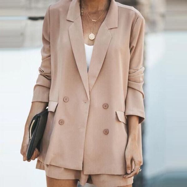 

2020 women chic blazer coats double breasted long sleeve office wear coat solid female casual outerwear, White;black
