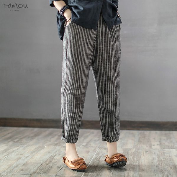

High Elastic Waist Long Stripe Harem Pants Loose Trousers Cotton Linen Pencil Women Casual Turnip Plus Size
