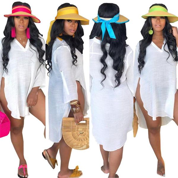 

белый v -neck женщины футболки summer beach long casual сыпучие split tops распались дизайнер тройники, White