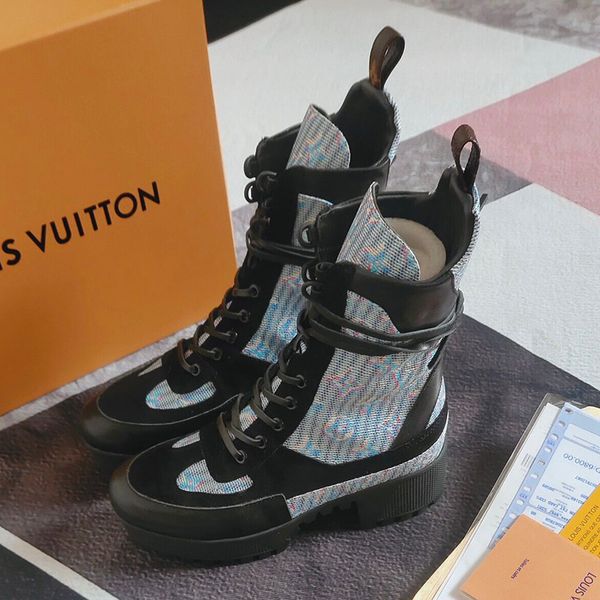 

trend european women's boots thick high-heeled front lace-up short tube printing color-matching martin boots factory direct sales, Black